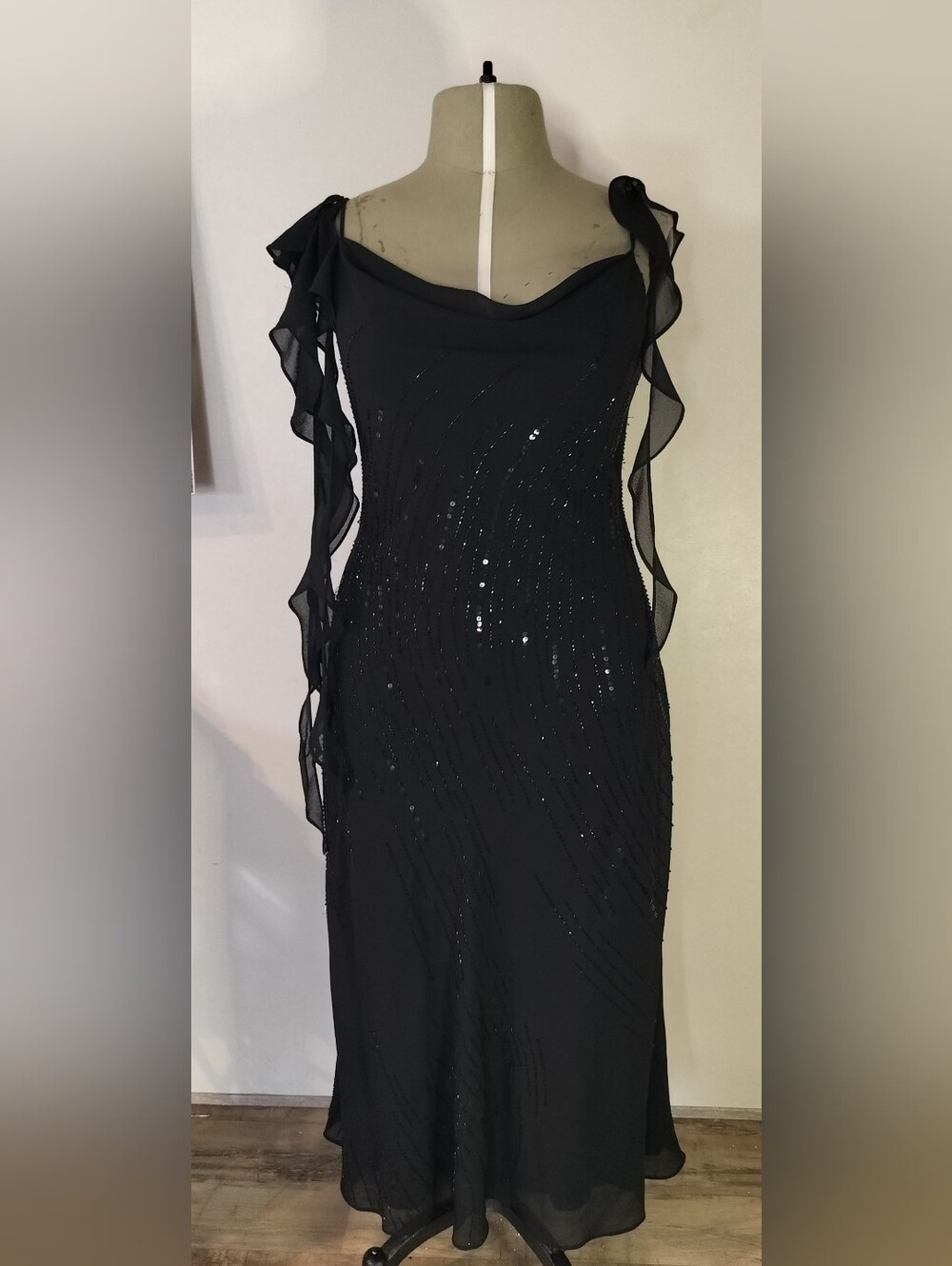 Black Sequin Maxi Dress with Ruffle Shoulder Detail